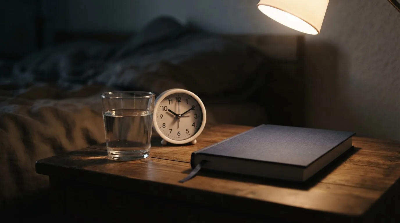 Ein Glas Wasser und ein Wecker stehen auf einem Nachttisch neben einem geschlossenen Buch.