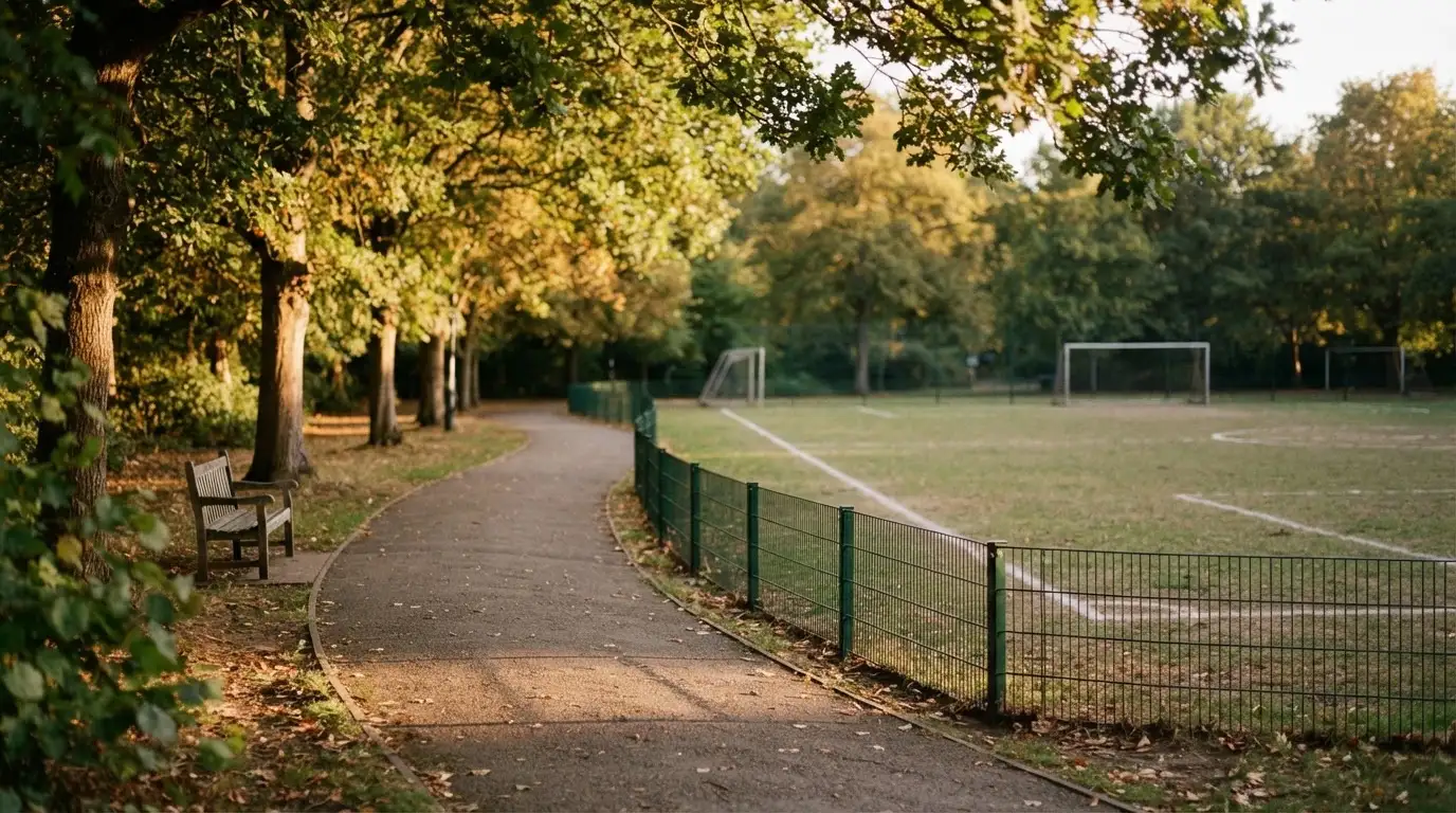 Ein Weg führt durch einen Park an einem leeren Fußballplatz vorbei, Abendlicht fällt durch die Bäume.