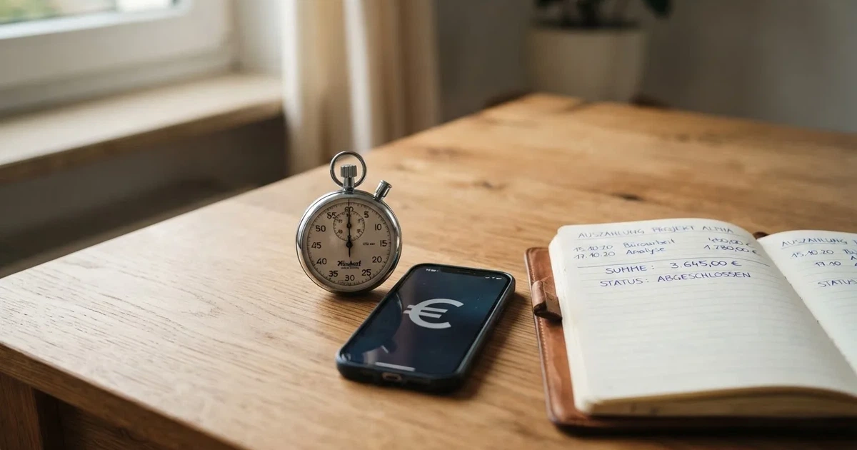 Eine Stoppuhr liegt neben Münzen und einem Notizbuch auf einem Holztisch, Tageslicht fällt von der Seite ein.