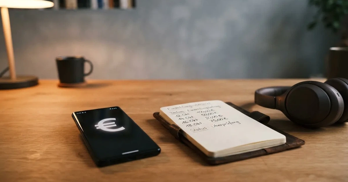 Ein Smartphone mit schwarzem Display liegt neben Kopfhörern auf einem Schreibtisch, daneben ein aufgeschlagenes Notizbuch.