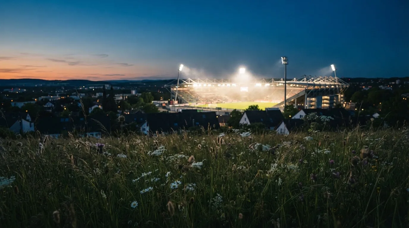 Ein hell beleuchtetes Stadion aus der Ferne in der Dämmerung, im Vordergrund ein Feld mit hohem Gras.