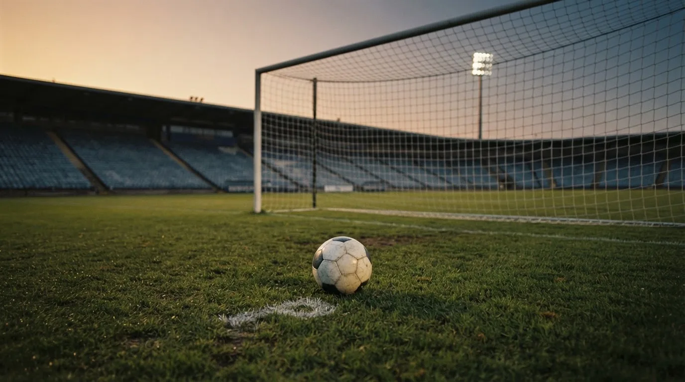 Ein Fußball liegt im Strafraum eines leeren Platzes, dahinter die Netze des Tores im Abendlicht.