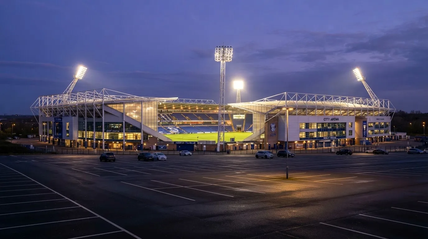 Ein Stadion unter Flutlicht aus großer Entfernung bei Einbruch der Dunkelheit, davor ein stiller Parkplatz.