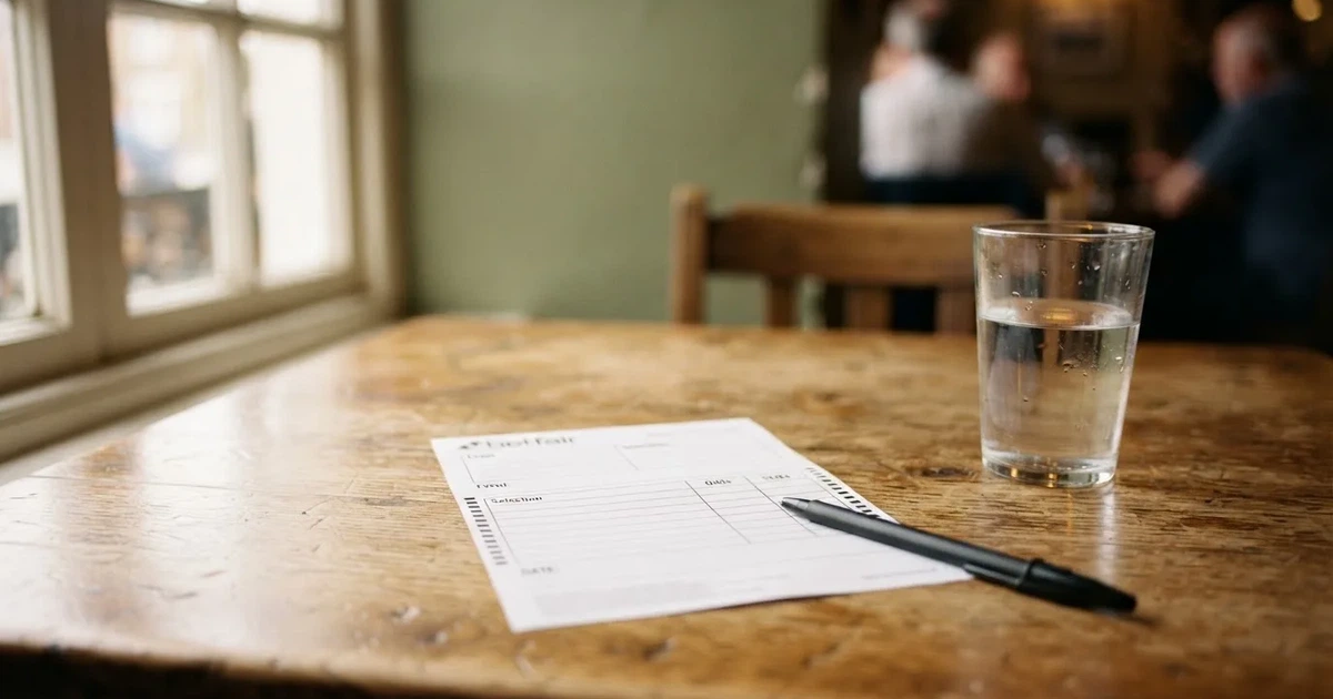 Ein leerer Papier-Wettschein liegt zusammen mit einem Kugelschreiber auf einem Tisch, daneben ein Glas Wasser.