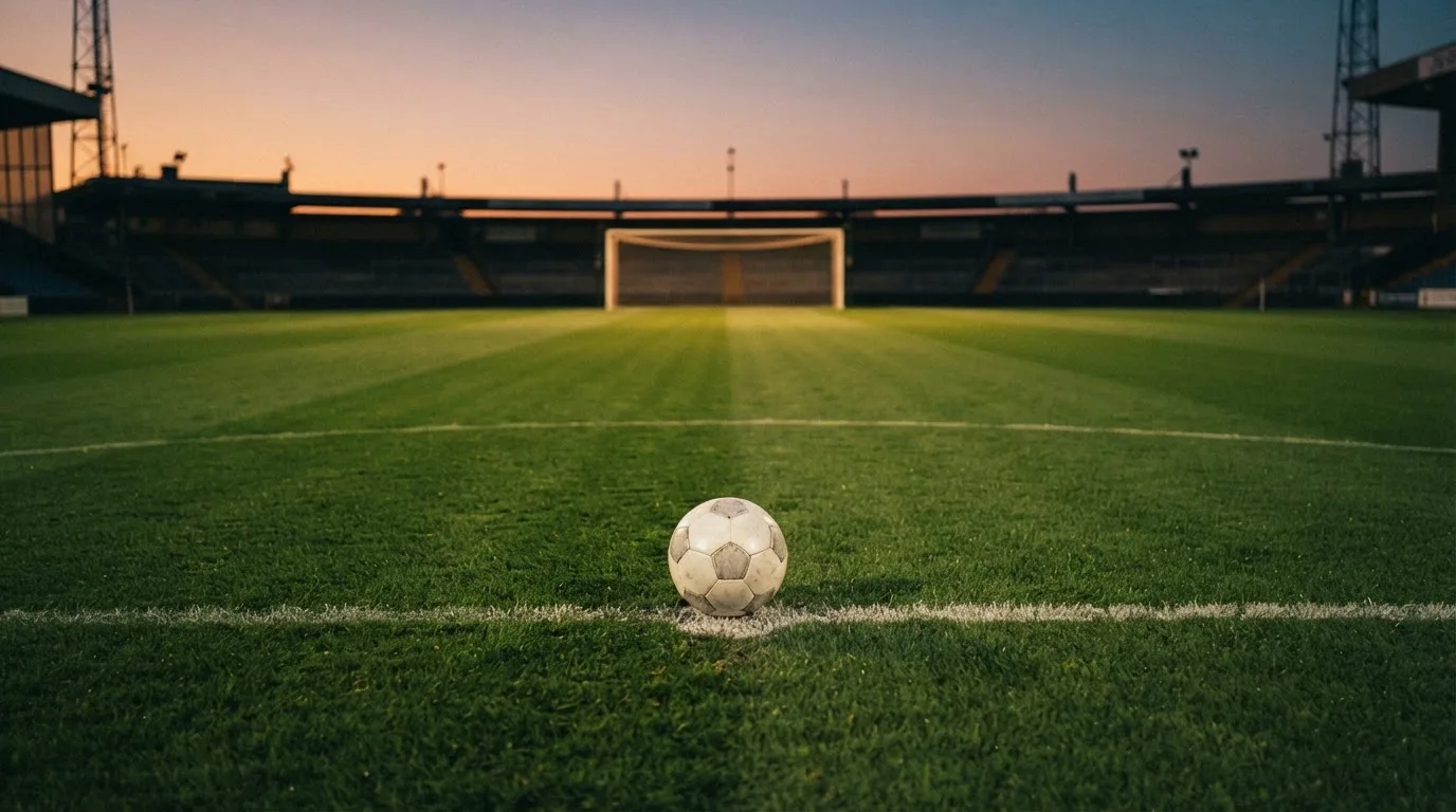 Ein Fußball liegt auf dem Elfmeterpunkt eines leeren Platzes im Abendlicht.