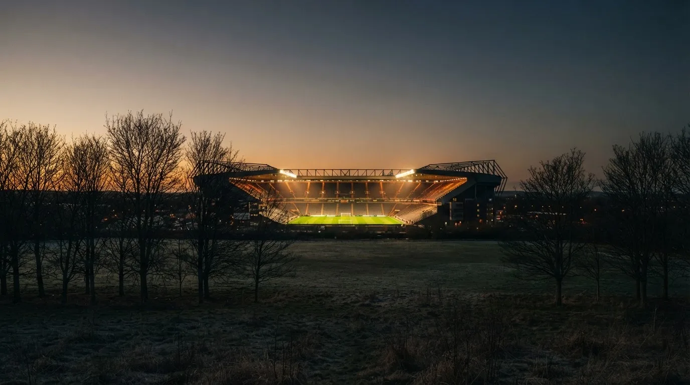 Ein Stadion unter Flutlicht, aus großer Entfernung gesehen, davor eine Reihe kahler Bäume im Dämmerlicht.