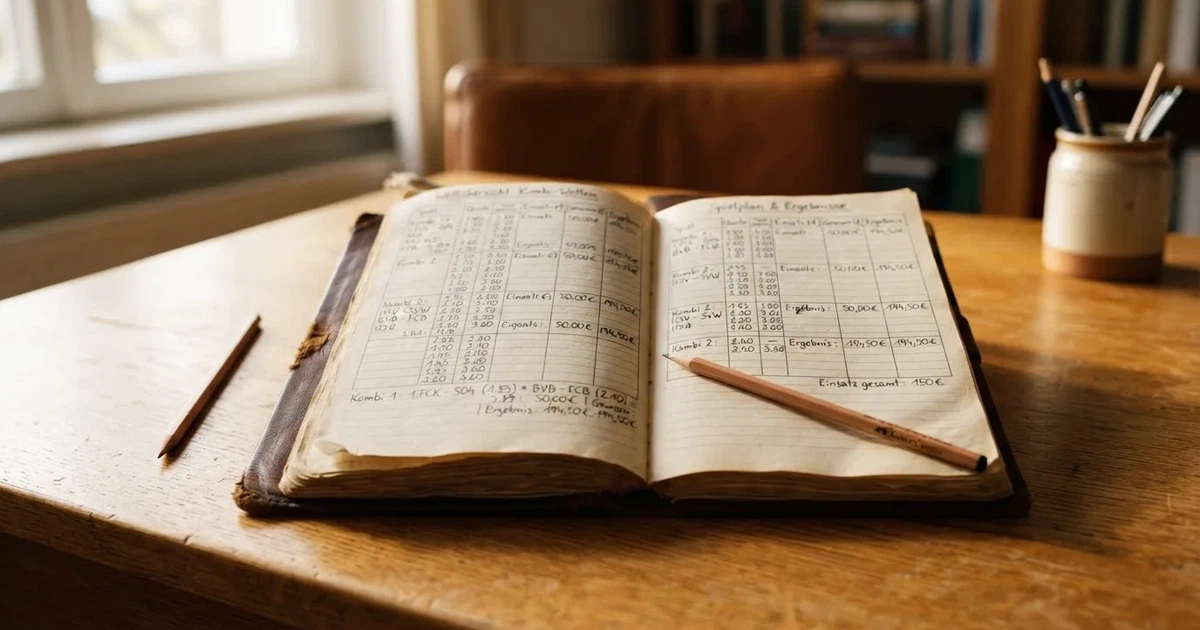 Ein Notizbuch mit handschriftlichen Zahlenreihen und Kästchen liegt neben einem Taschenrechner und einem Bleistift auf einem Schreibtisch.