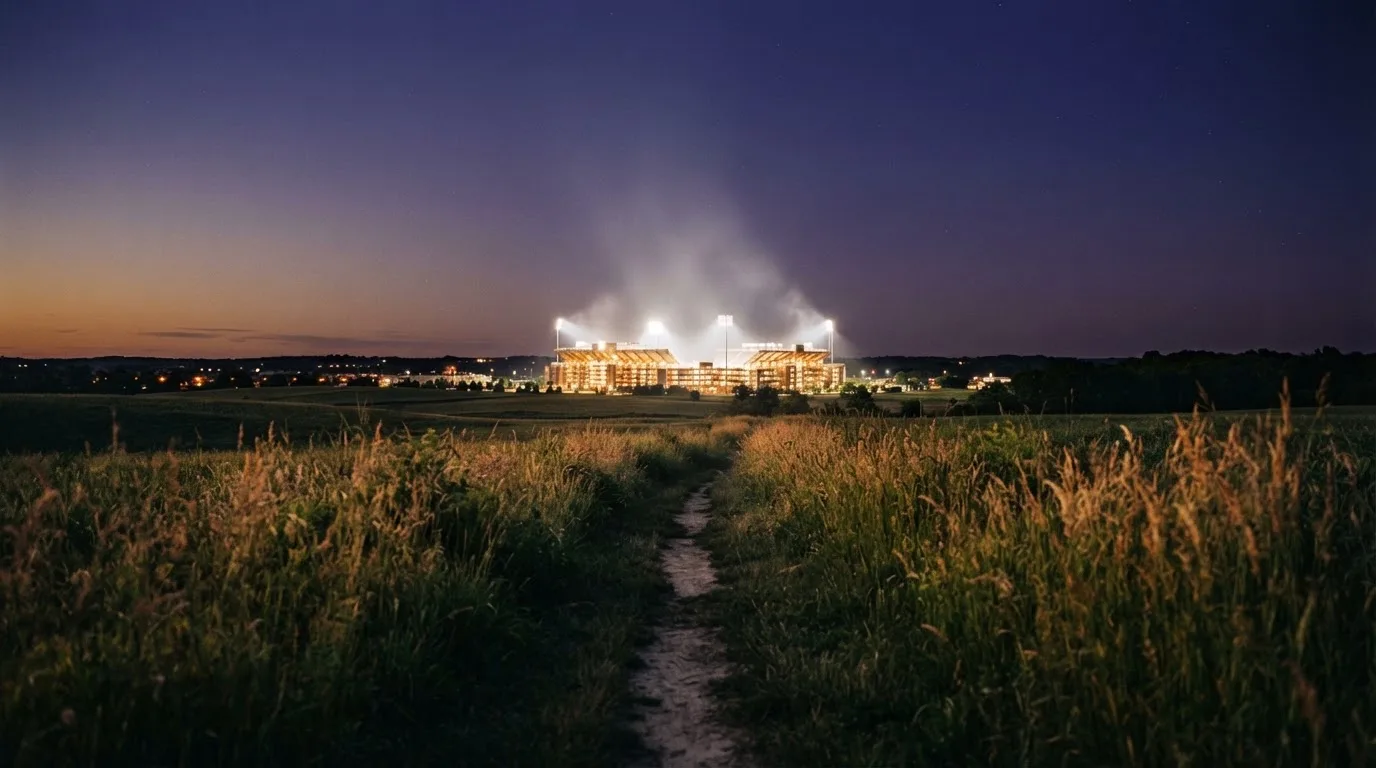 Ein beleuchtetes Stadion aus großer Distanz am Abend, im Vordergrund ein Feldweg.