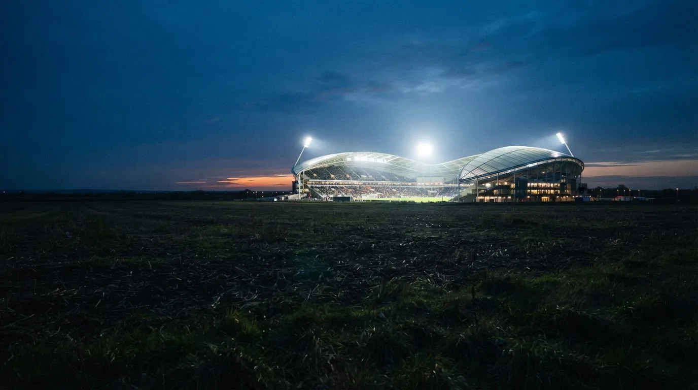 Ein Stadion unter Flutlicht aus großer Entfernung, davor ein dunkler Acker im Abendlicht.