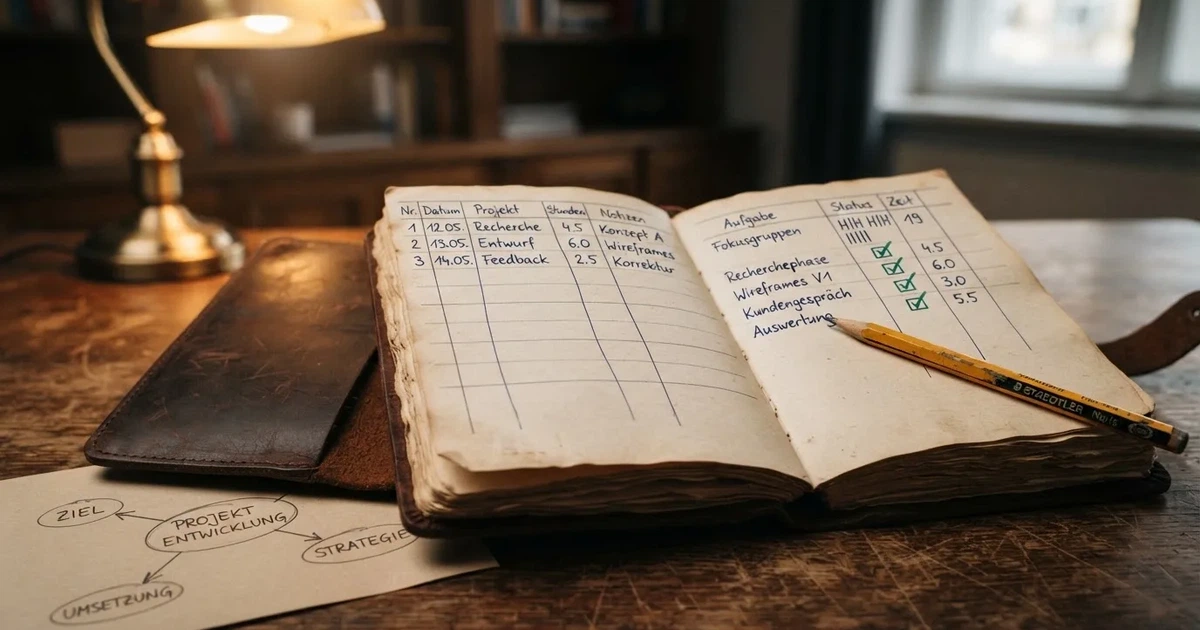 Ein Notizbuch mit handschriftlichen Kästchen und Linien liegt neben einem Bleistift und einem Taschenrechner auf einem Schreibtisch.