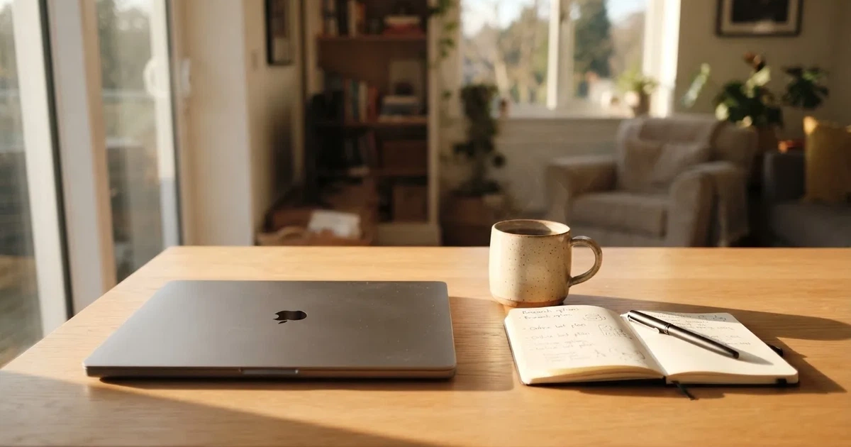 Ein Laptop mit geschlossenem Deckel steht neben einer Kaffeetasse und einem Notizbuch auf einem hellen Schreibtisch.