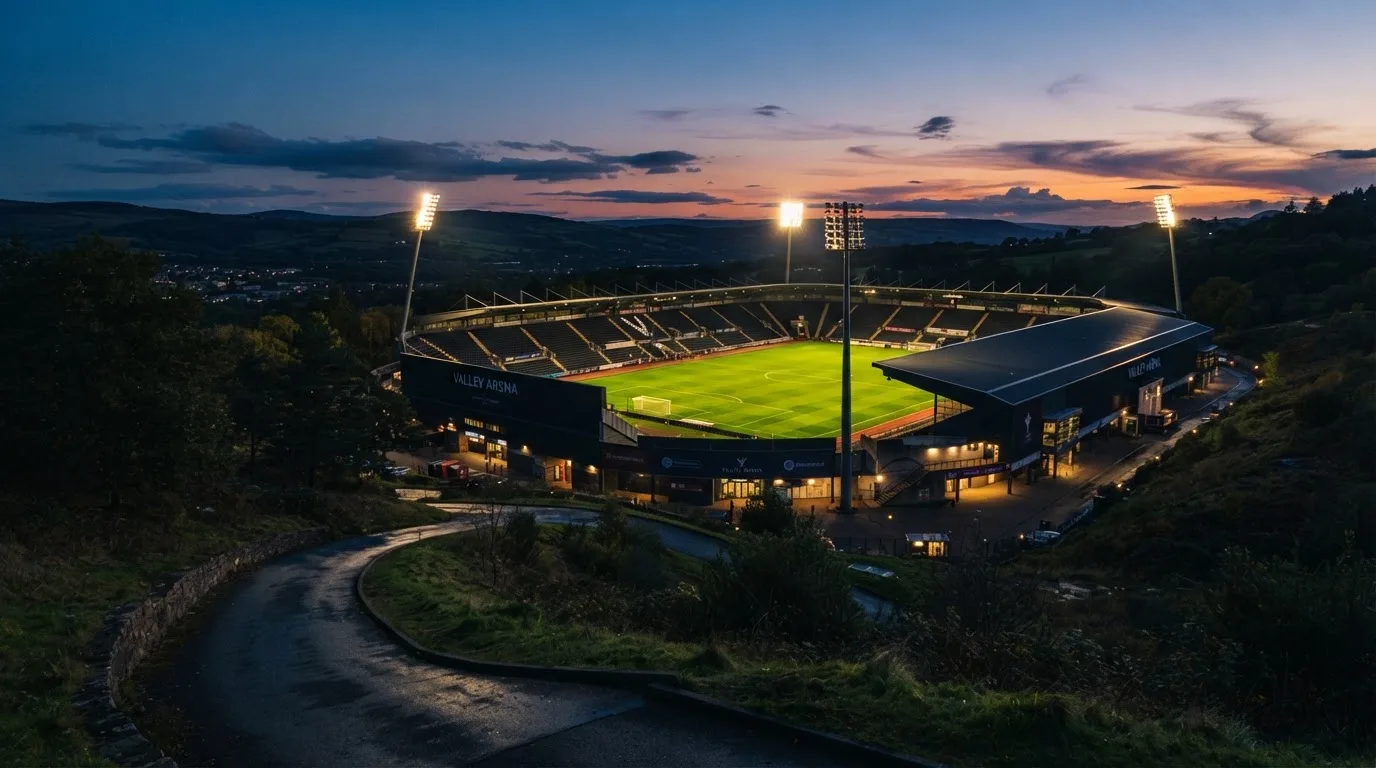 Ein Stadion unter Flutlicht, von einer Anhöhe aus gesehen, davor ein stiller Weg in der Dämmerung.