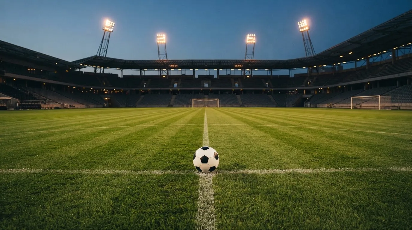 Ein Fußball liegt auf dem Anstoßpunkt eines leeren Rasenplatzes, im Hintergrund ein Stadion unter Flutlicht in der Abenddämmerung.