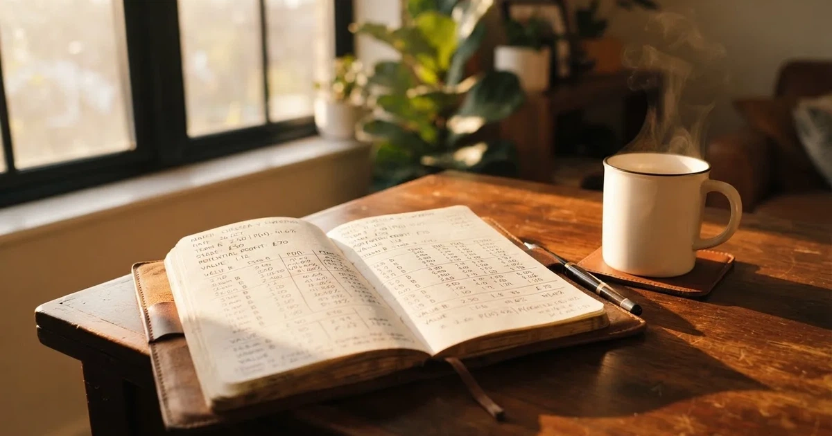Ein Notizbuch mit handschriftlichen Rechnungen und ein Taschenrechner liegen auf einem Schreibtisch neben einer Tasse Kaffee im Licht des frühen Morgens.