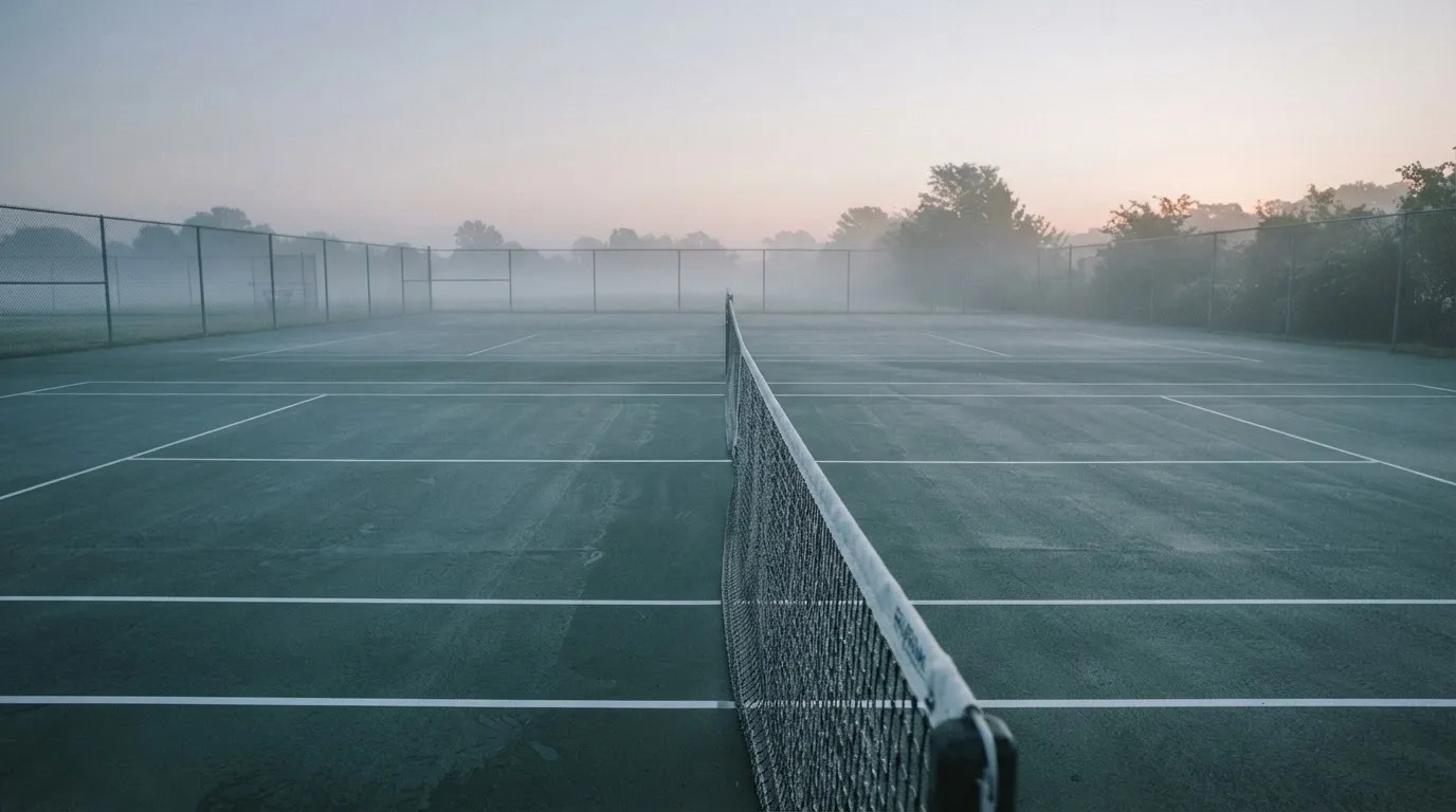 Ein Tennisplatz im Morgengrauen, das Netz und die Linien liegen im Tau, im Hintergrund leichter Nebel und kein Mensch zu sehen.