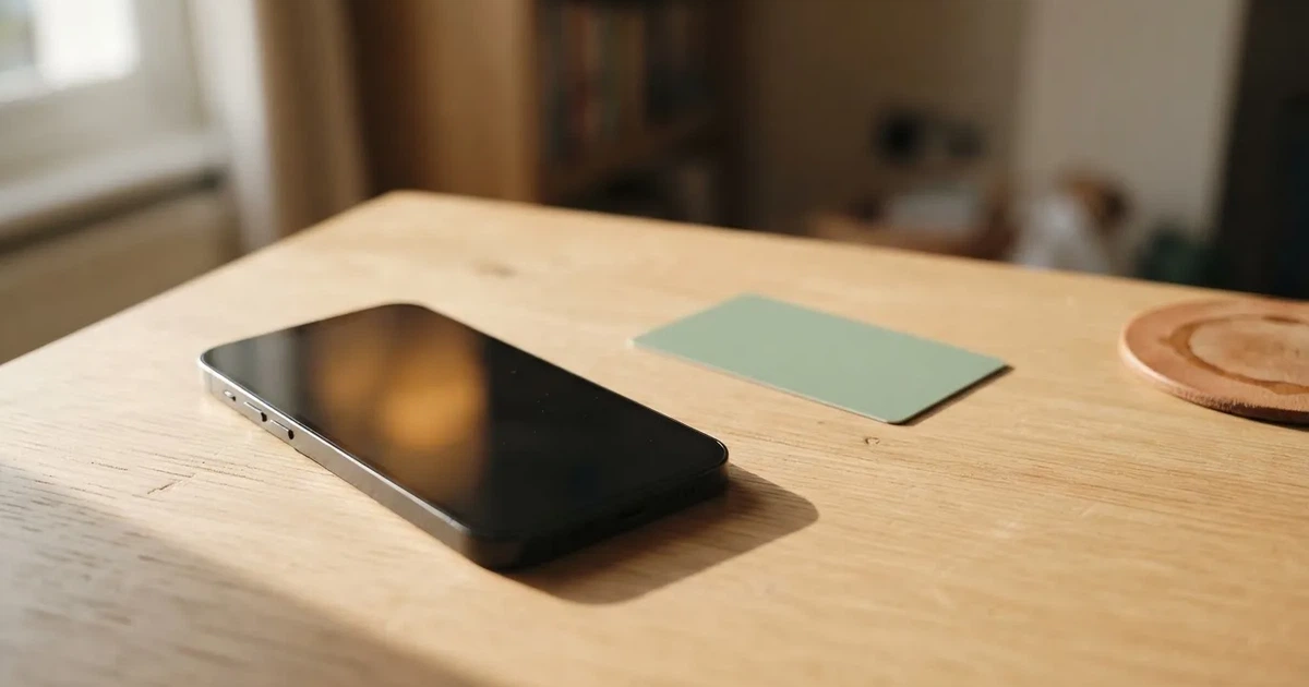 Ein Smartphone mit dunklem Display liegt neben einer schlichten Plastikkarte ohne Aufdruck auf einem hellen Schreibtisch.