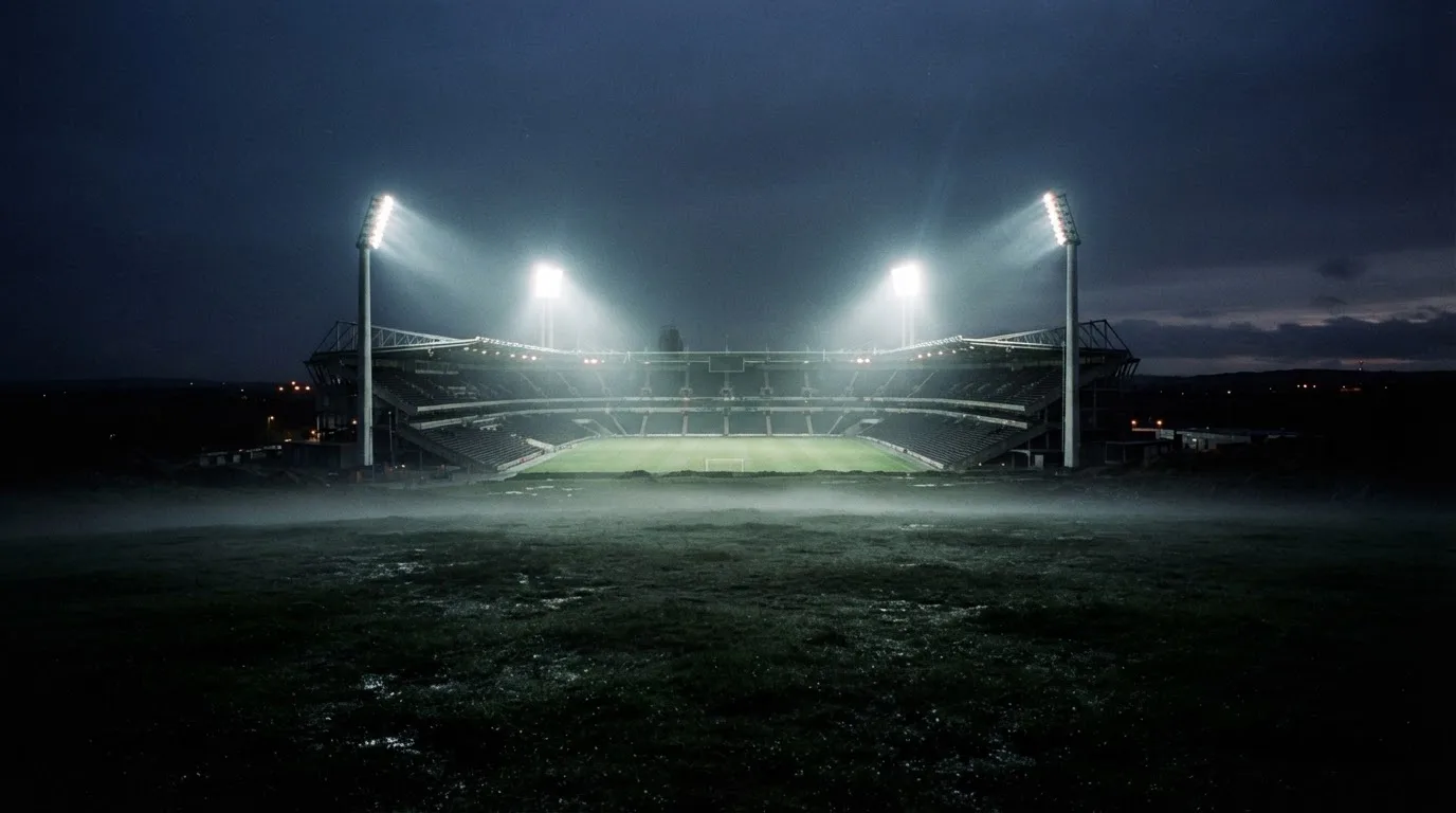 Ein Stadion unter Flutlicht, aus großer Entfernung über eine dunkle Wiese fotografiert, am Himmel zieht Nebel auf.
