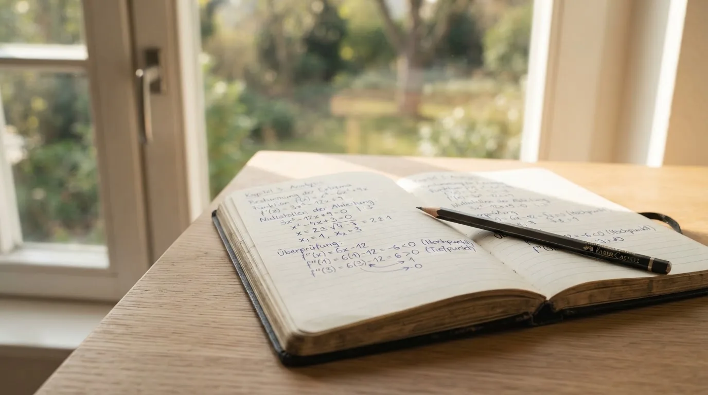 Ein Notizbuch mit handschriftlichen Notizen und ein Bleistift liegen auf einem Schreibtisch am Fenster, draußen fällt Morgenlicht herein.