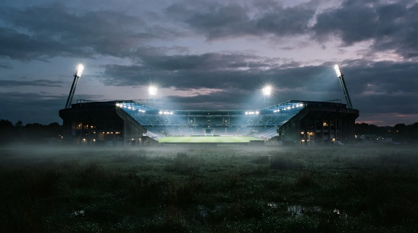 Ein Stadion unter Flutlicht, aus großer Entfernung über eine dunkle Wiese fotografiert, am Himmel zieht Nebel auf.