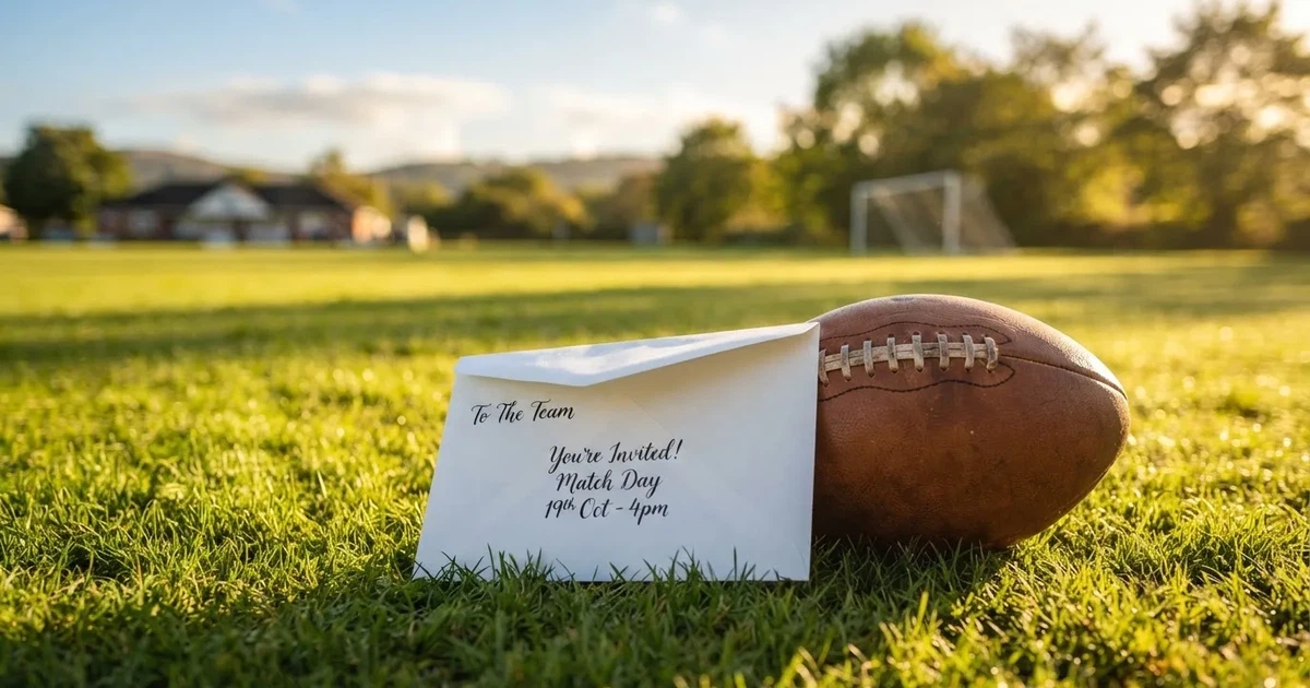Ein verschlossener leerer Briefumschlag liegt neben einem Fußball auf grünem Rasen im warmen Licht des Nachmittags.