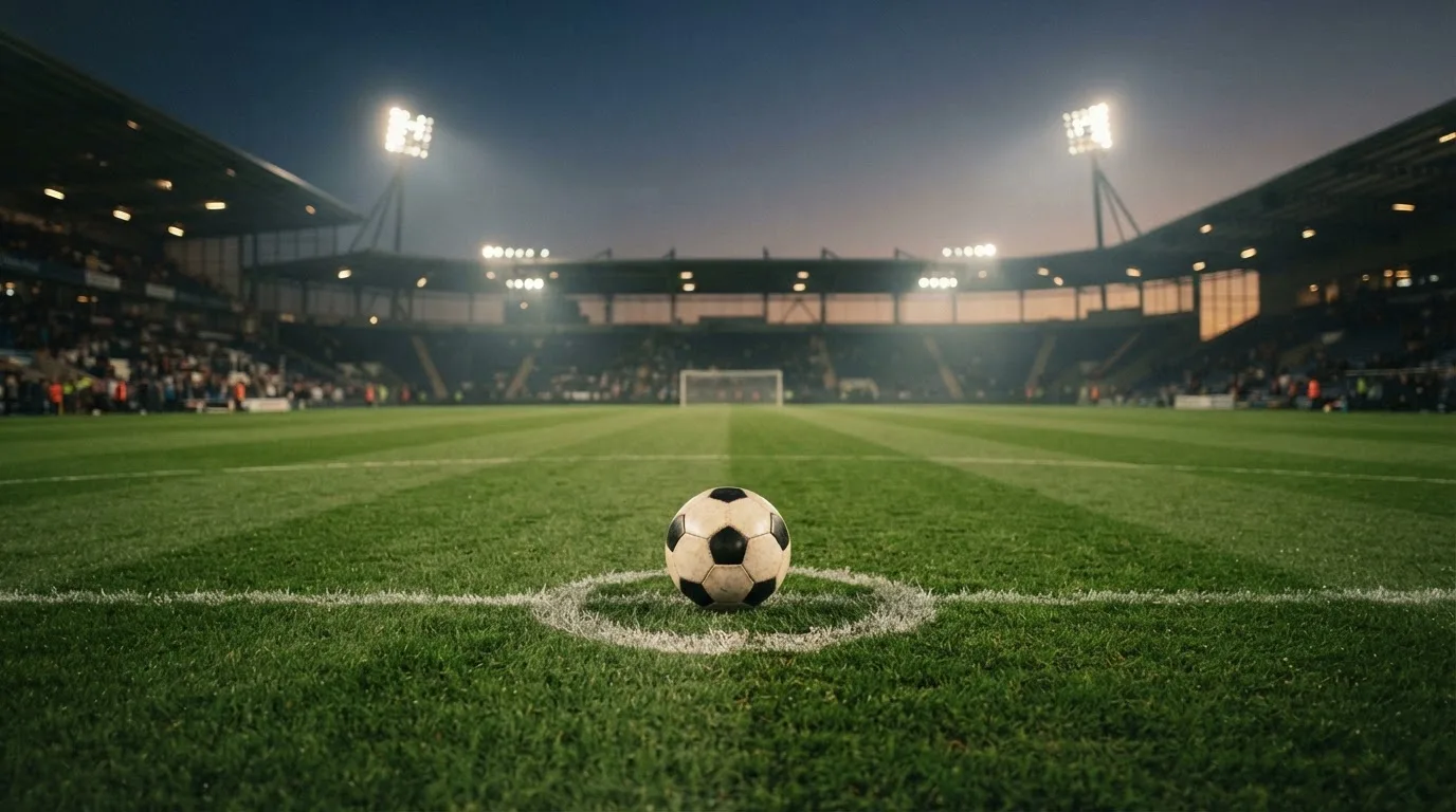 Ein Fußball liegt auf dem Anstoßpunkt eines leeren Rasenplatzes, im Hintergrund steht ein Stadion unter Flutlicht in der Dämmerung.