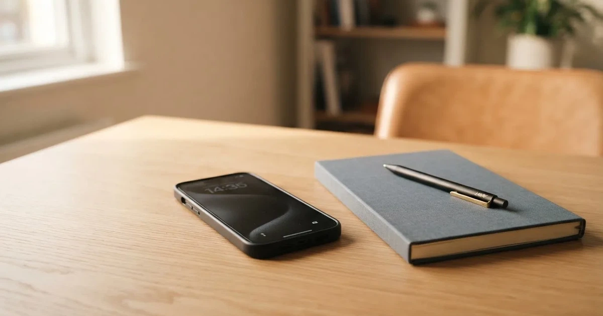 Ein Smartphone liegt neben einem Notizbuch und einem Kugelschreiber auf einem hellen Schreibtisch, das Display ist ausgeschaltet.