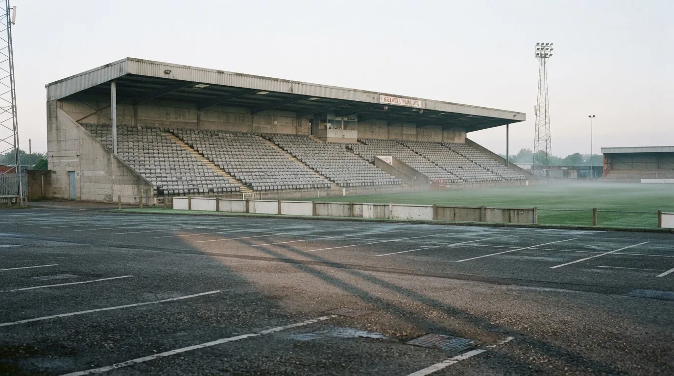 Eine leere Tribüne eines kleinen Stadions am frühen Morgen, aus der Ferne über einen menschenleeren Parkplatz fotografiert.