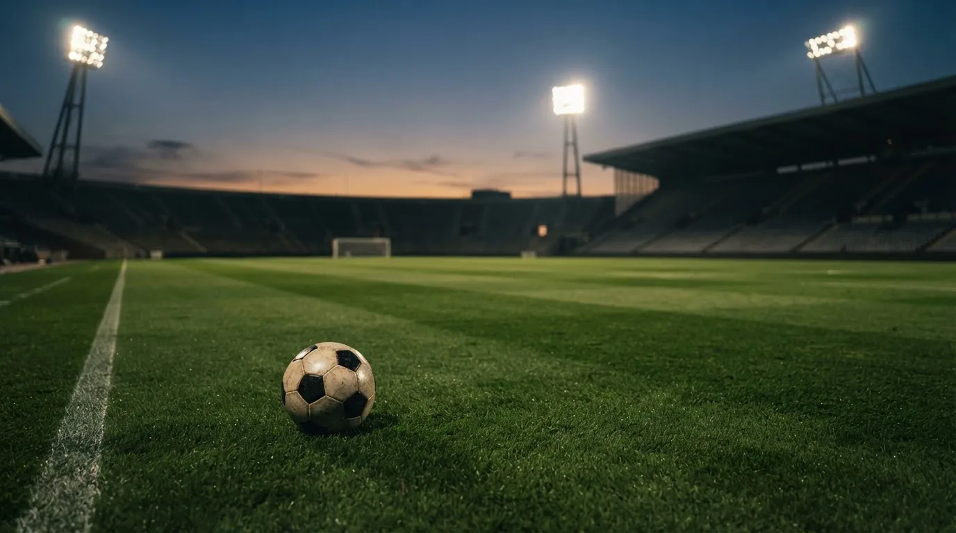 Ein Fußball liegt auf dem Rasen eines leeren Platzes, im Hintergrund ein Stadion unter Flutlicht in der Abenddämmerung.