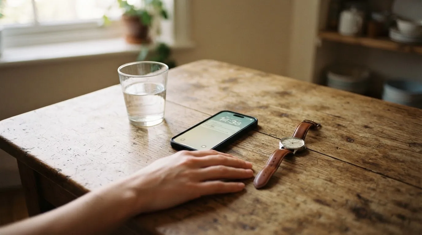 Ein Smartphone liegt mit dem Display nach unten auf einem Küchentisch, daneben stehen ein Glas Wasser und eine Armbanduhr.