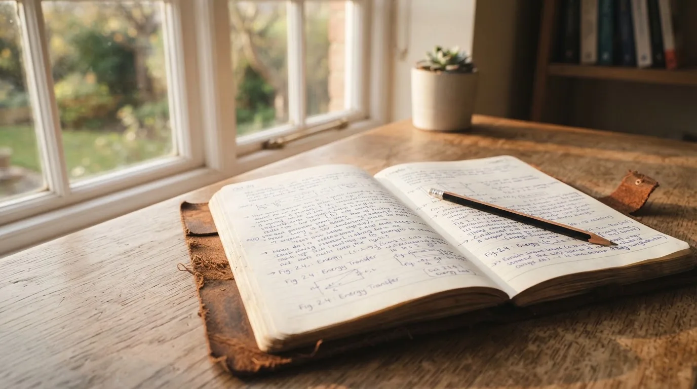 Ein Notizbuch mit handschriftlichen Notizen und ein Bleistift liegen auf einem Schreibtisch am Fenster, draußen fällt Morgenlicht herein.