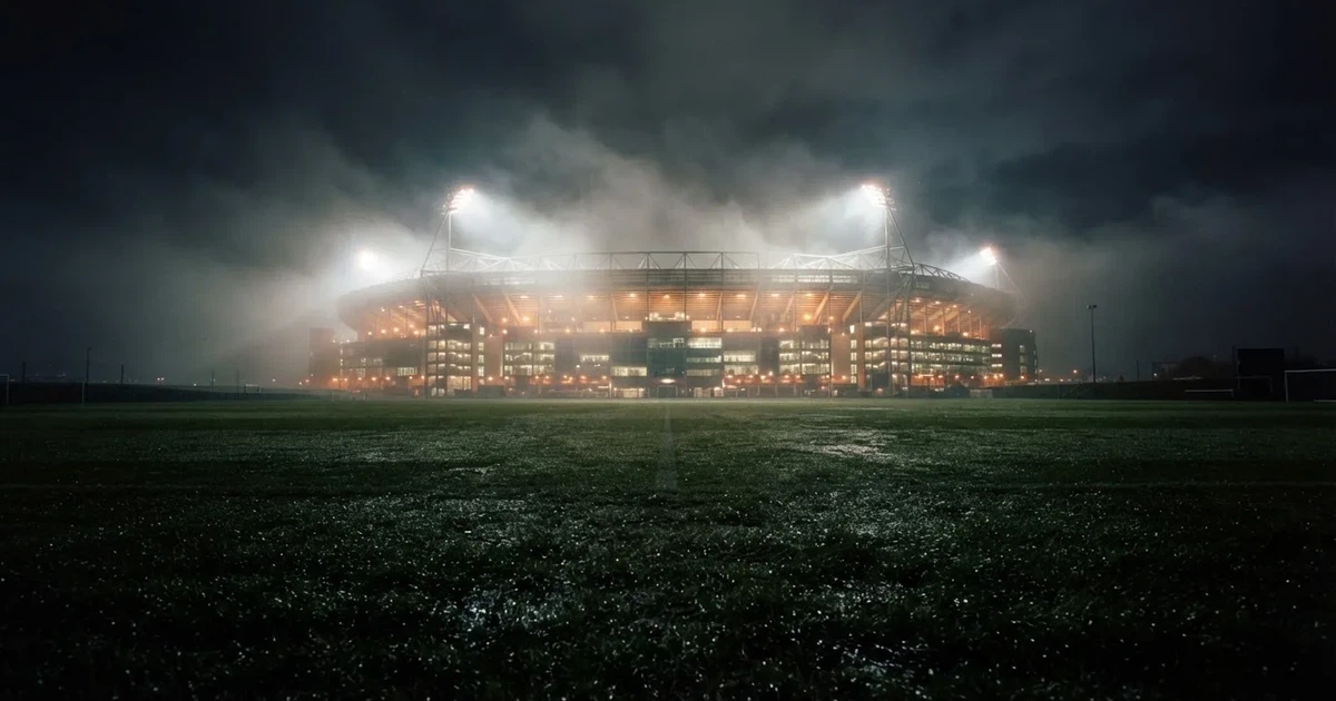Ein Stadion unter Flutlicht, aus großer Entfernung über eine dunkle Wiese fotografiert, am Himmel zieht Nebel auf.