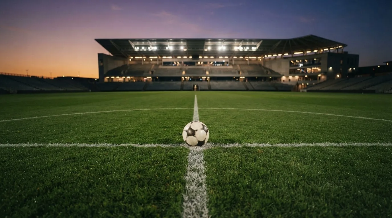 Ein Fußball liegt auf dem Anstoßpunkt eines leeren Rasenplatzes, im Hintergrund steht ein Stadion unter Flutlicht in der Dämmerung.