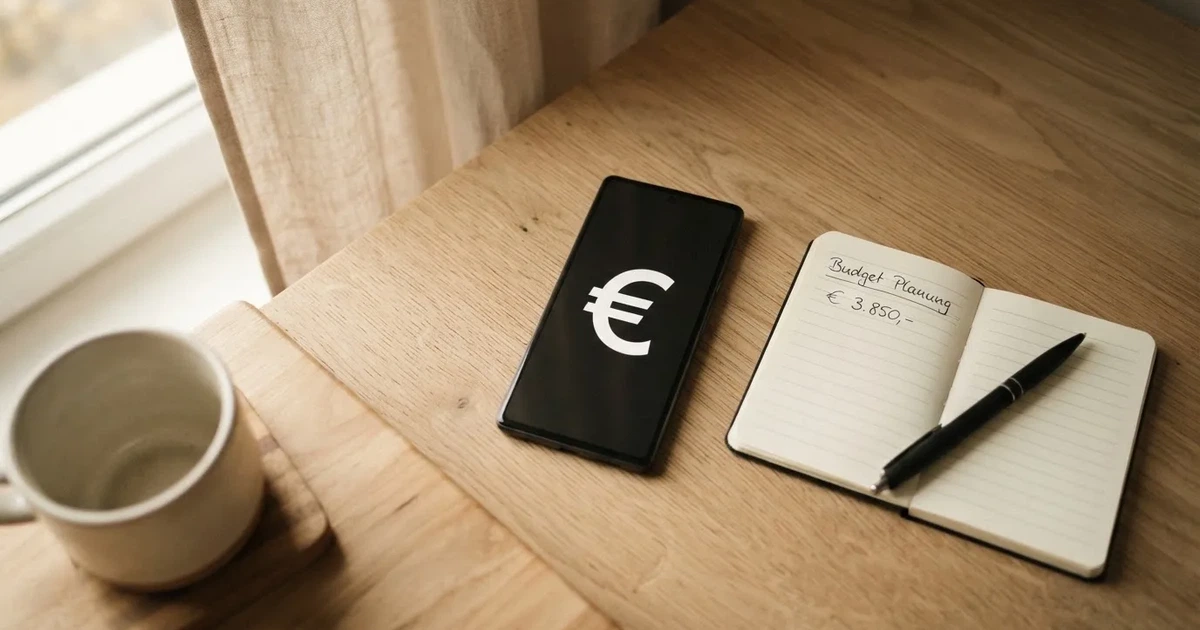 Ein Smartphone liegt neben einem Notizbuch und einem Kugelschreiber auf einem hellen Schreibtisch, das Display ist ausgeschaltet.