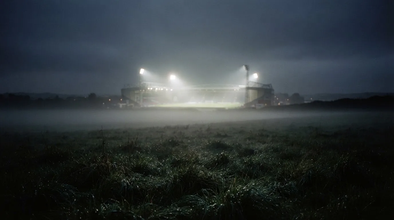 Ein Stadion unter Flutlicht, aus großer Entfernung über eine dunkle Wiese fotografiert, am Himmel zieht Nebel auf.