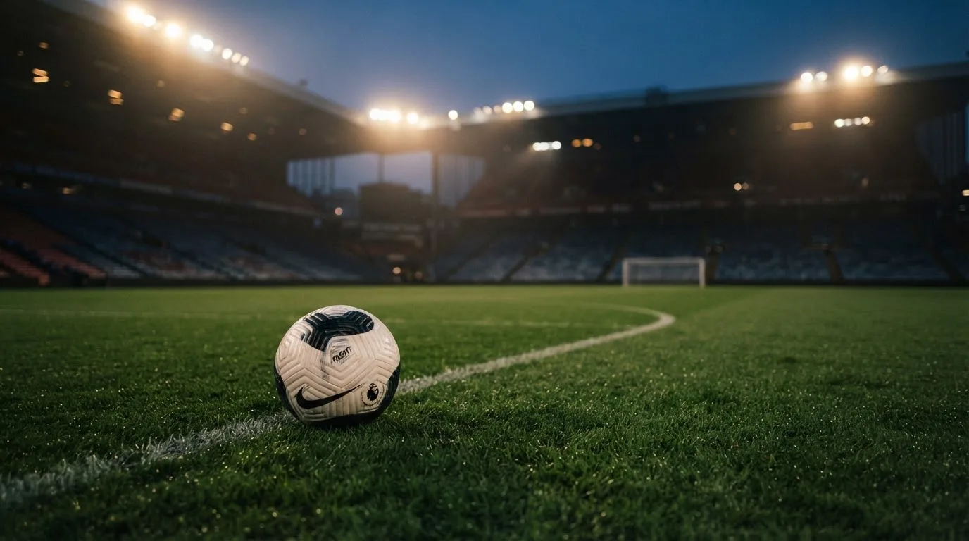 Ein Fußball liegt auf dem Rasen eines leeren Platzes, im Hintergrund ein Stadion unter Flutlicht in der Abenddämmerung.