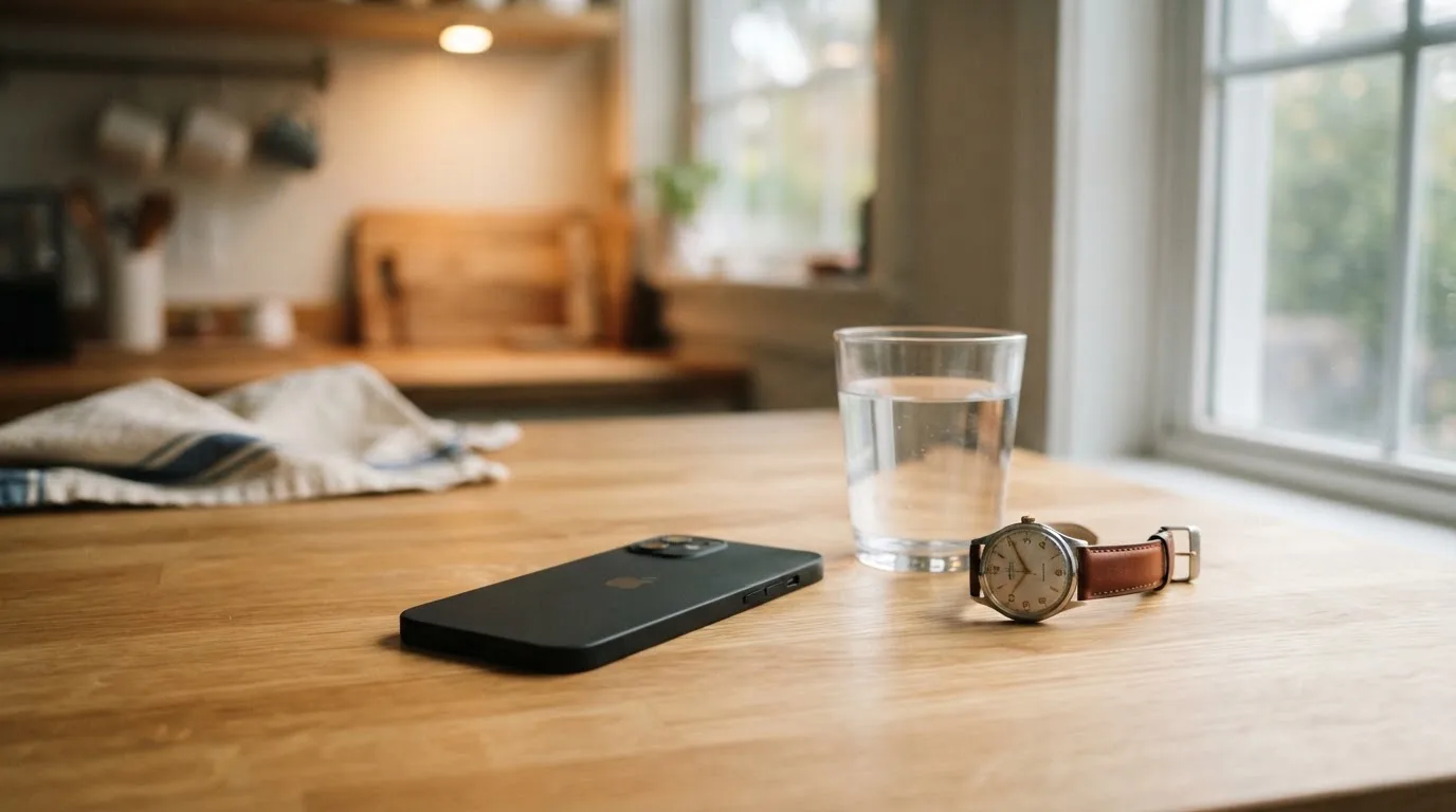 Ein Smartphone liegt mit dem Display nach unten auf einem Küchentisch, daneben stehen ein Glas Wasser und eine Armbanduhr.