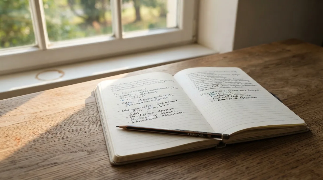 Ein Notizbuch mit handschriftlichen Notizen und ein Bleistift liegen auf einem Schreibtisch am Fenster, draußen fällt Morgenlicht herein.