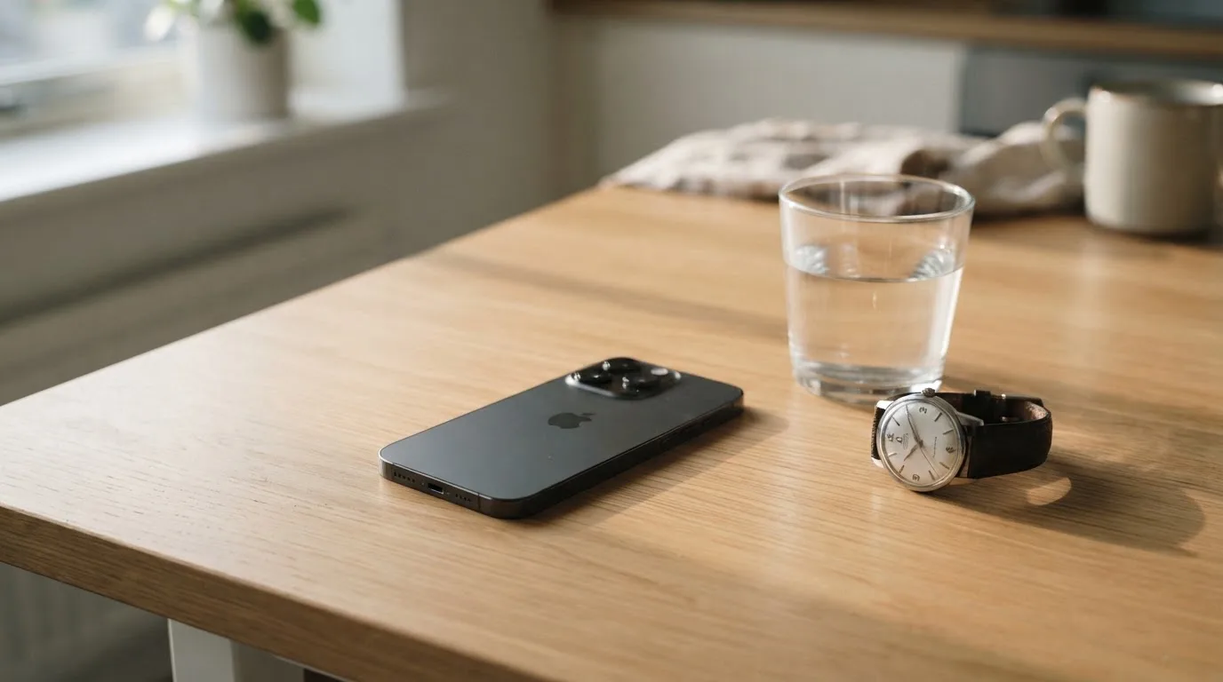 Ein Smartphone liegt mit dem Display nach unten auf einem Küchentisch, daneben stehen ein Glas Wasser und eine Armbanduhr.