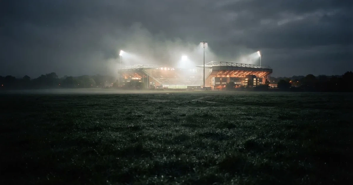 Ein Stadion unter Flutlicht, aus großer Entfernung über eine dunkle Wiese fotografiert, am Himmel zieht Nebel auf.