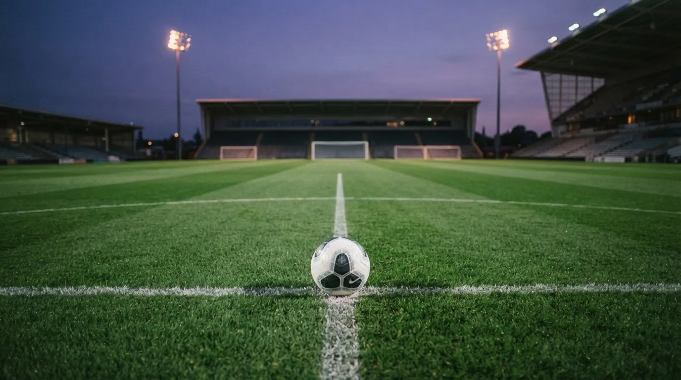 Ein Fußball liegt auf dem Anstoßpunkt eines leeren Rasenplatzes, im Hintergrund steht ein Stadion unter Flutlicht in der Dämmerung.