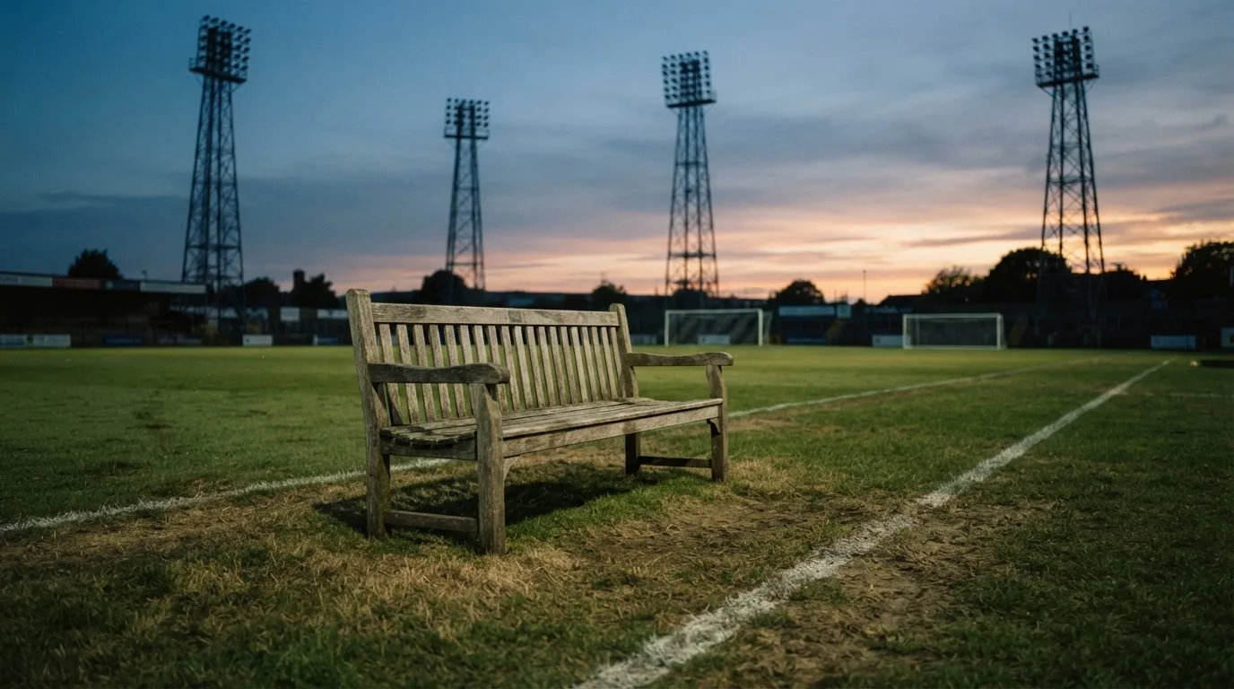 Eine leere Parkbank am Rand eines Fußballfelds in der Abenddämmerung, im Hintergrund ragen dunkle Flutlichtmasten in den Himmel.