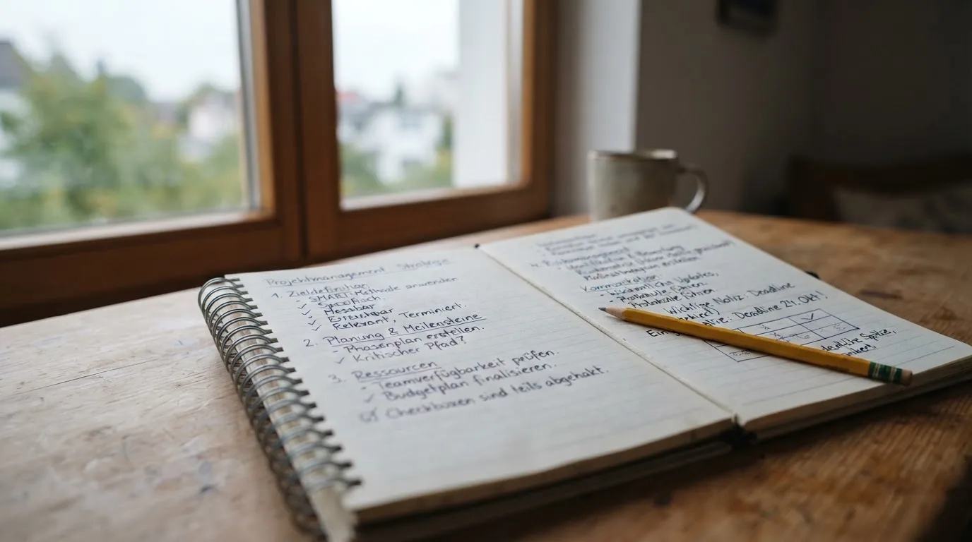 Ein Notizbuch mit handschriftlichen Notizen und ein Bleistift liegen auf einem Schreibtisch am Fenster, draußen fällt Morgenlicht herein.