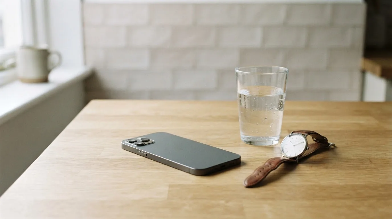 Ein Smartphone liegt mit dem Display nach unten auf einem Küchentisch, daneben stehen ein Glas Wasser und eine Armbanduhr.