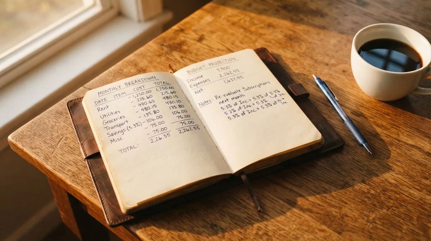 Ein Notizbuch mit handschriftlichen Rechnungen und ein Taschenrechner liegen auf einem Schreibtisch neben einer Tasse Kaffee im Licht des frühen Morgens.