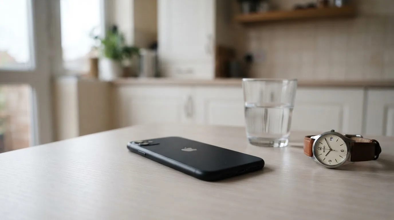 Ein Smartphone liegt mit dem Display nach unten auf einem Küchentisch, daneben stehen ein Glas Wasser und eine Armbanduhr.