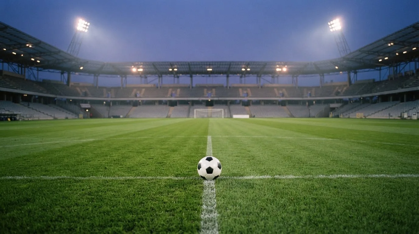 Ein Fußball liegt auf dem Rasen eines leeren Platzes, im Hintergrund ein Stadion unter Flutlicht in der Abenddämmerung.