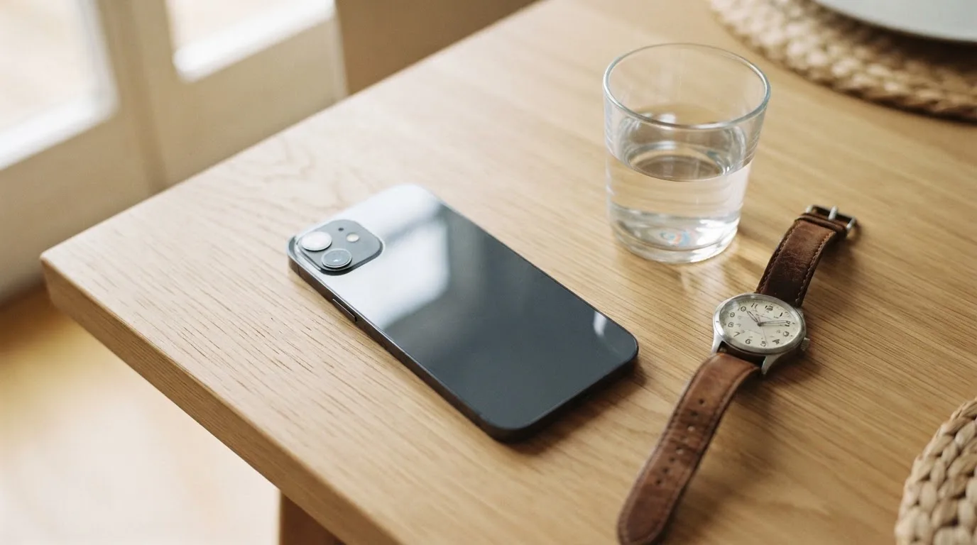 Ein Smartphone liegt mit dem Display nach unten auf einem Küchentisch, daneben stehen ein Glas Wasser und eine Armbanduhr.