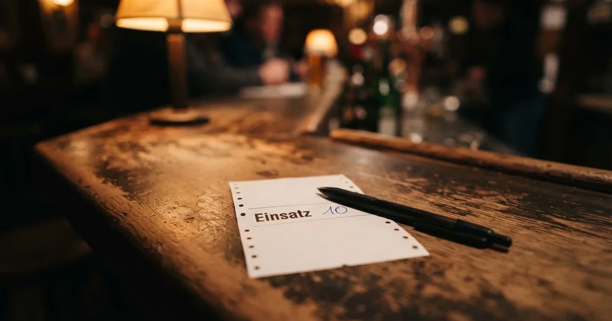Ein leerer Wettschein aus Papier liegt neben einem Stift auf einer hölzernen Theke, weiches Licht fällt von der Seite ein.