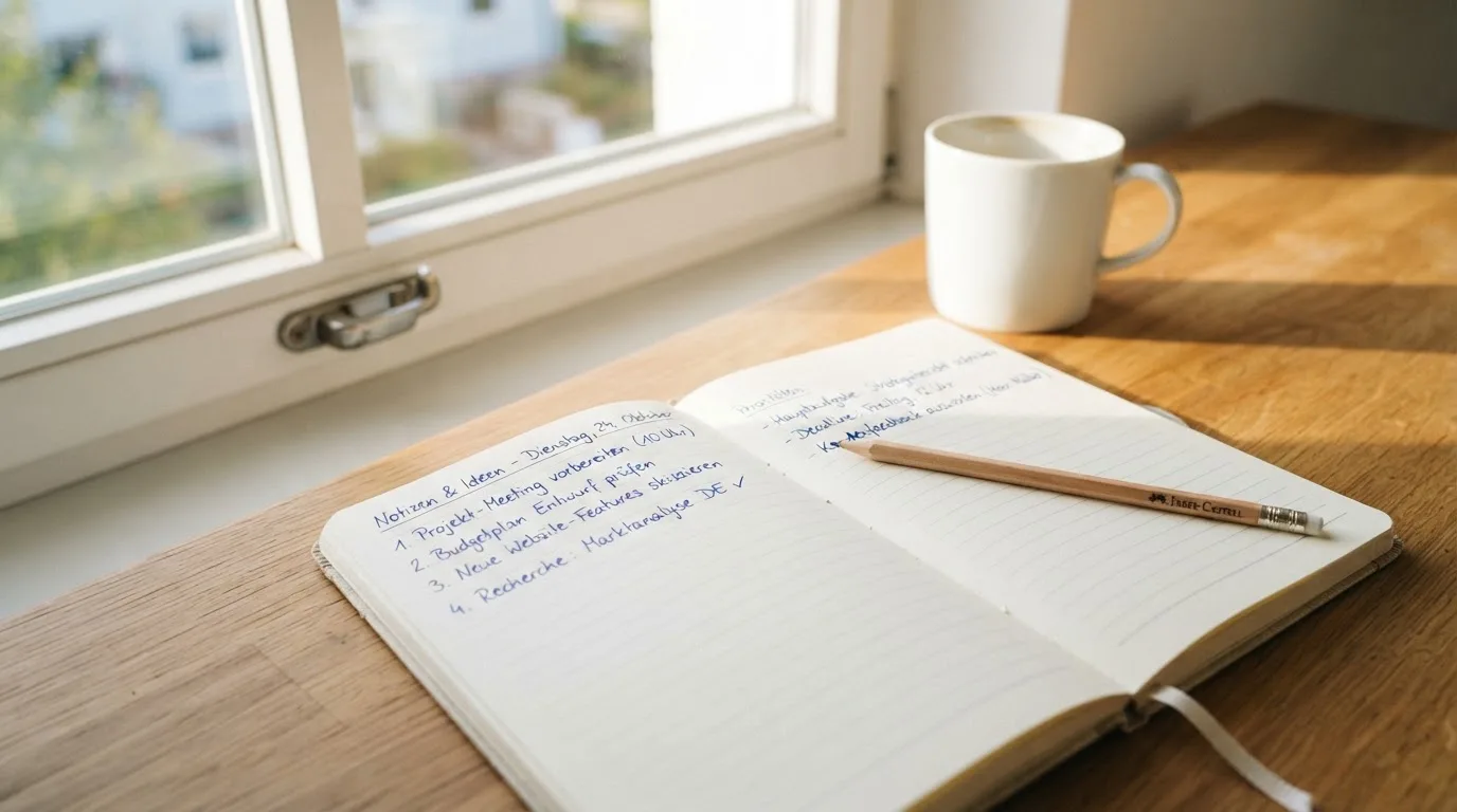 Ein Notizbuch mit handschriftlichen Notizen und ein Bleistift liegen auf einem Schreibtisch am Fenster, draußen fällt Morgenlicht herein.