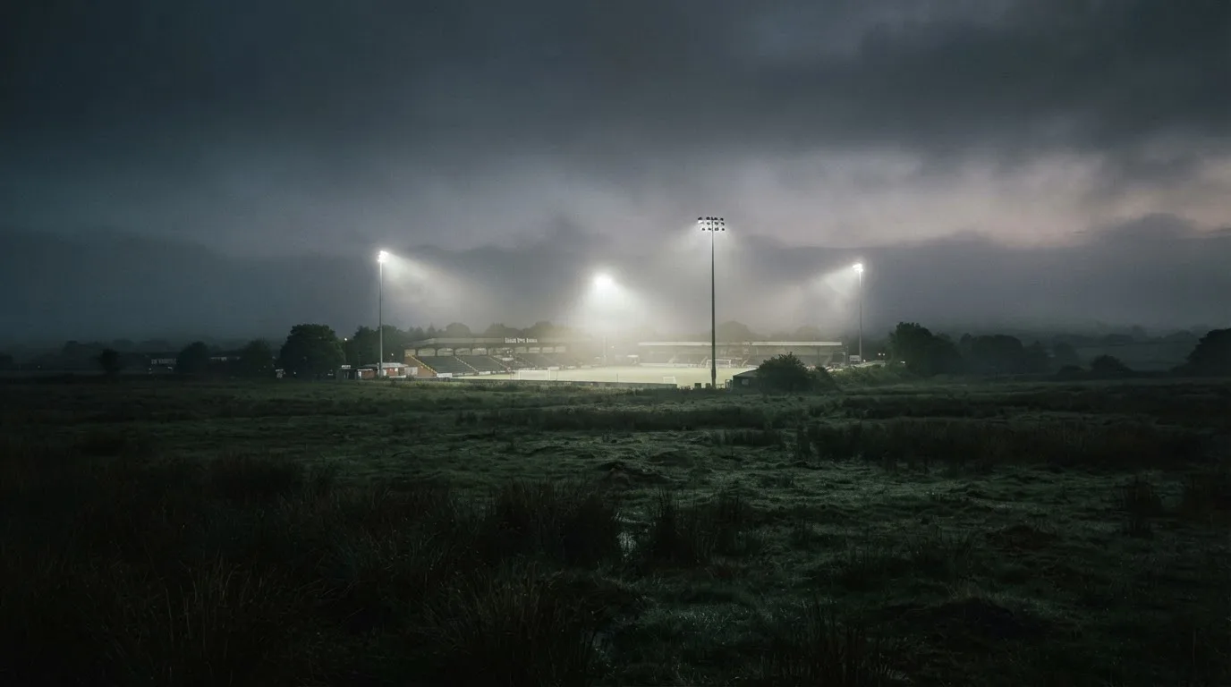 Ein Stadion unter Flutlicht, aus großer Entfernung über eine dunkle Wiese fotografiert, am Himmel zieht Nebel auf.